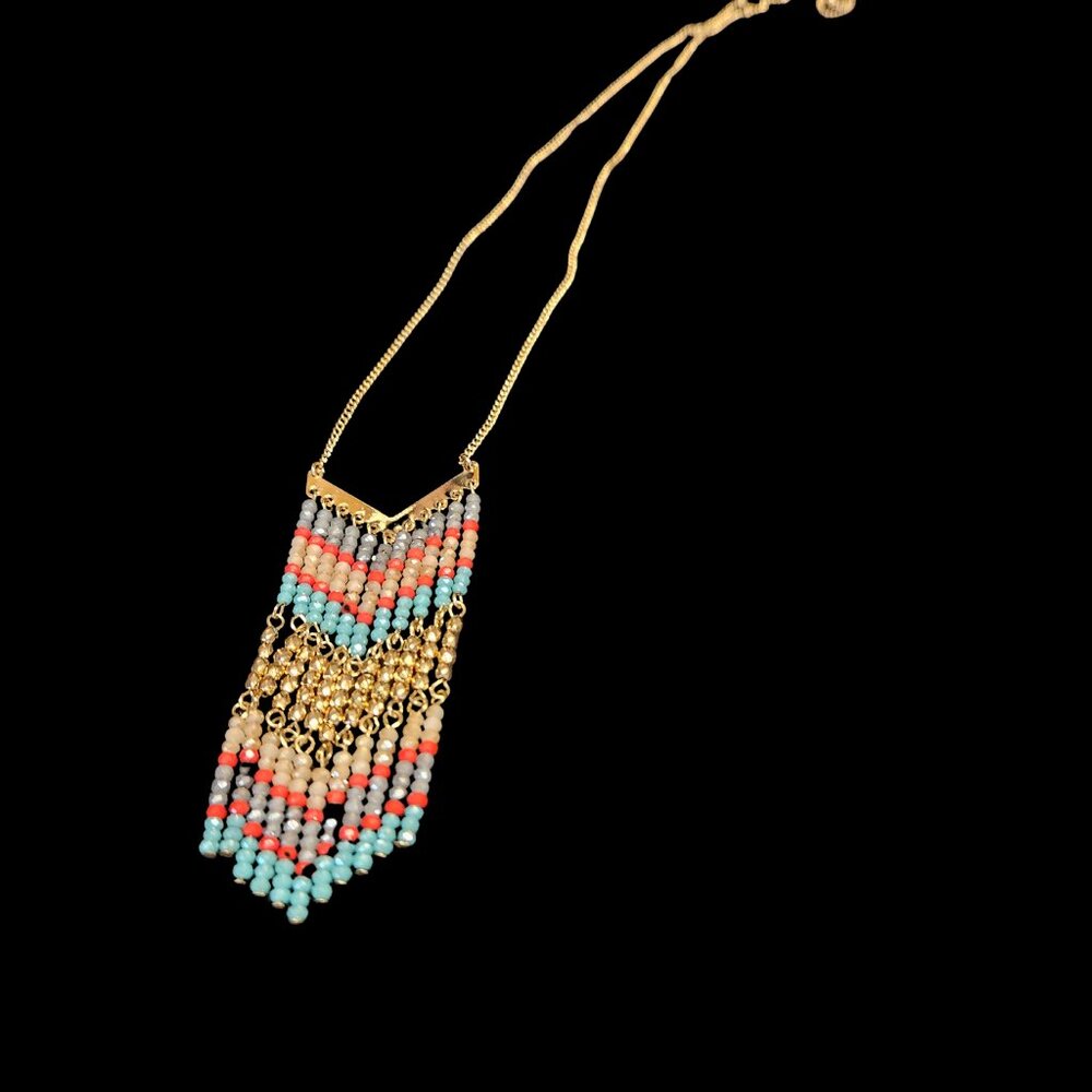 Premiere Designs Beaded Fringe Chevron Necklace, Gold & Multicolor Boho